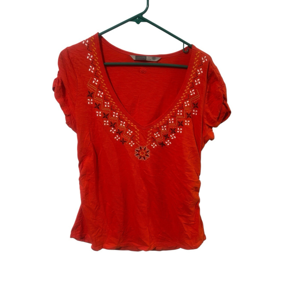 Athleta Size Large Orange Embroidered Short Sleeve Top Shirt